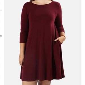 Burgundy Swing Dress with Pockets